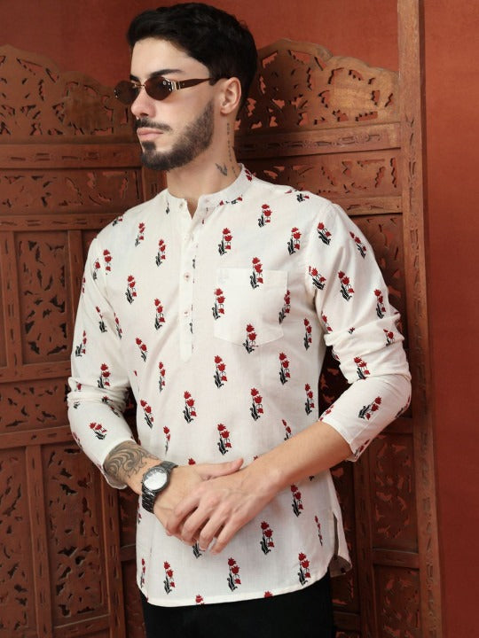 Men’s Off White Floral Printed Mandarin Collar Casual Kurta Shirt