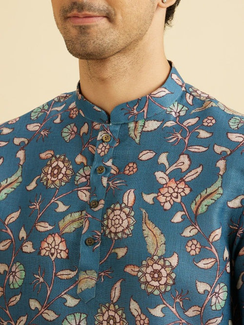 Blue Floral Printed Mandarin Collar Kurta Shirt for Men