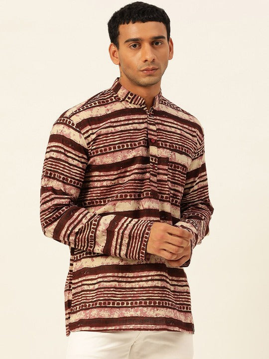 Men’s Brown Tribal Striped Ethnic Kurta Shirt