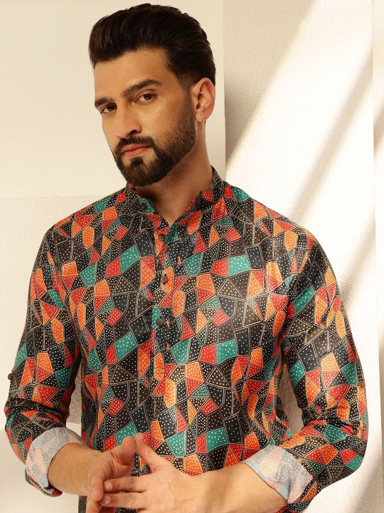 Men's Multicolor Geometric Print Mandarin Collar Kurta Shirt